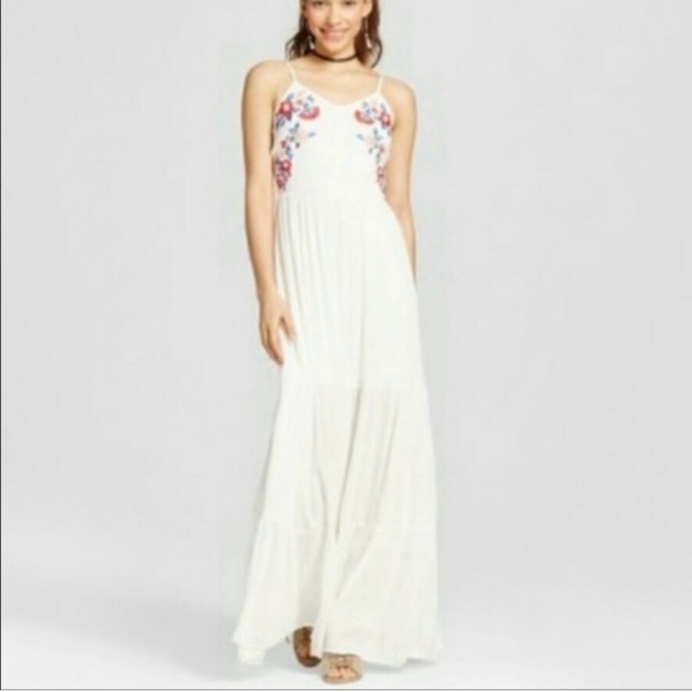 Xhilaration vintage White tiered maxi dress with multi color Floral Embroidery